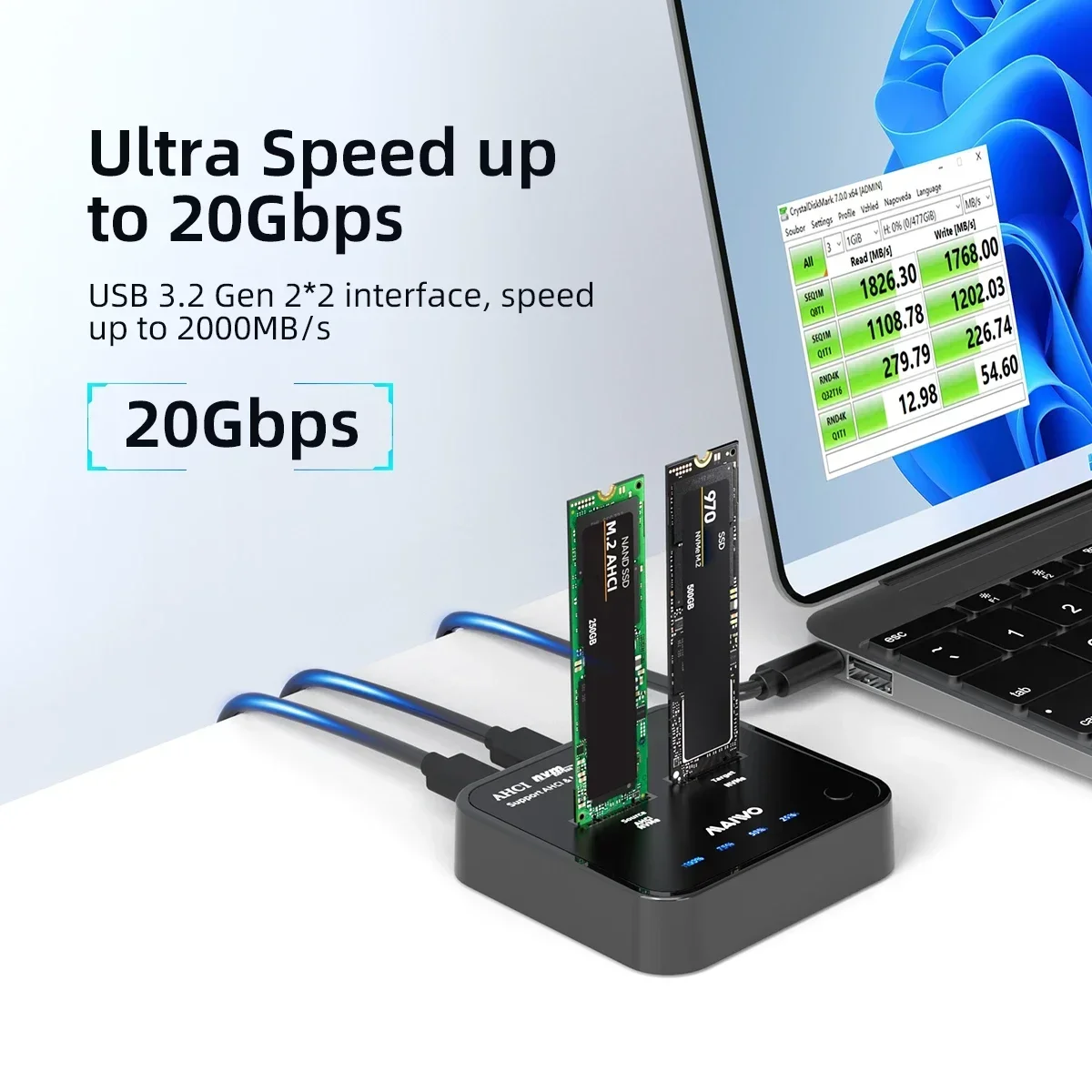 MAIWO 20Gbps Dual Bay M.2 NVMe SSD Enclosure Offline Clone Adapter USB3.2 Type-C Gen2 Storage Box M2 Hard Drive NVMe/AHCI Case