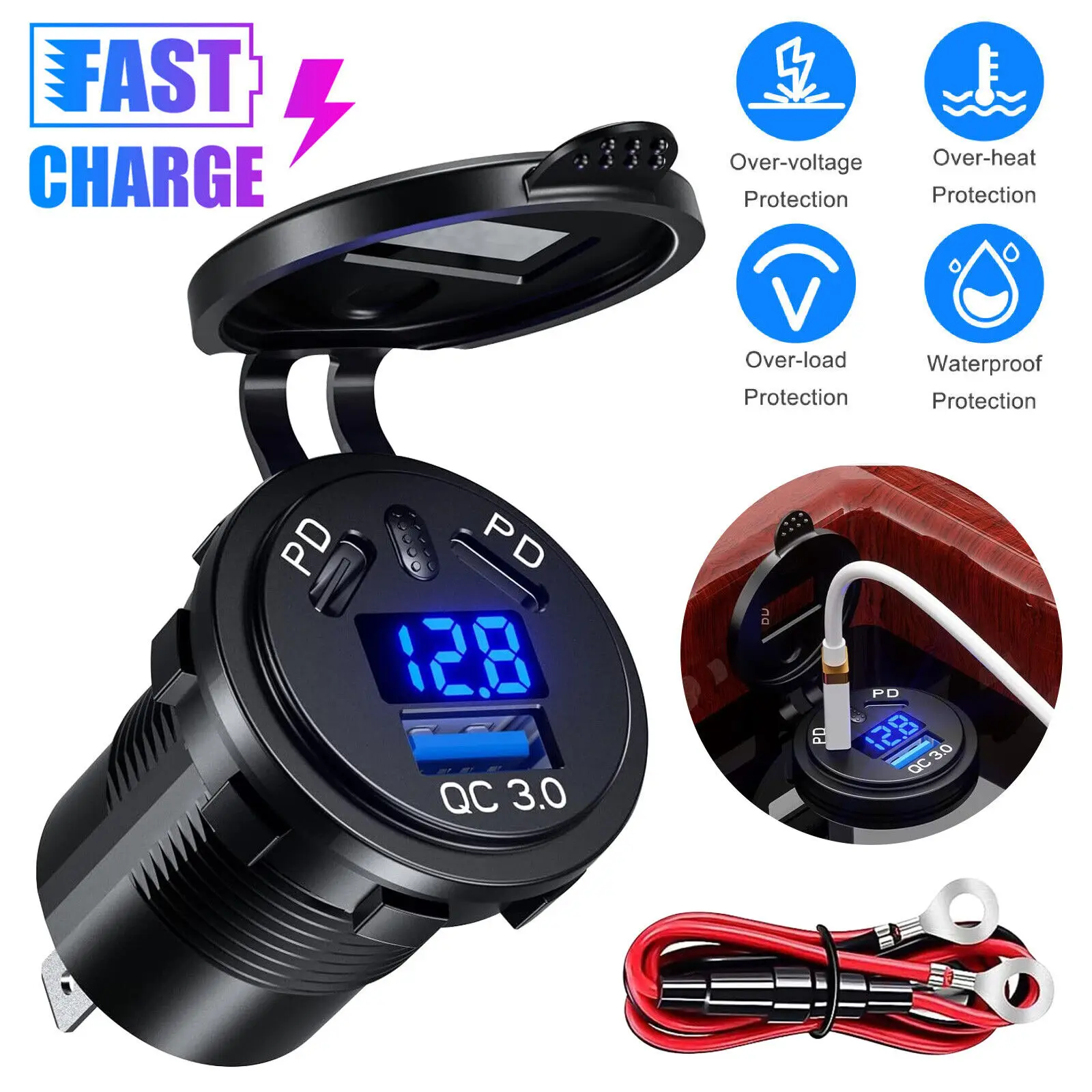 

Car Cigarette Lighter Socket Charger Plug Dual PD Type-C QC 3.0 USB Port Fast Charger Socket Power Outlet With LED Voltmeter