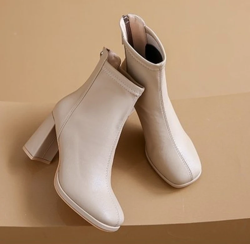 Women's Back Zipper Beige High Heels Ankle Boots Winter New Female Square Toe Chelsea Boots High Quality Mid Heel Short Botines
