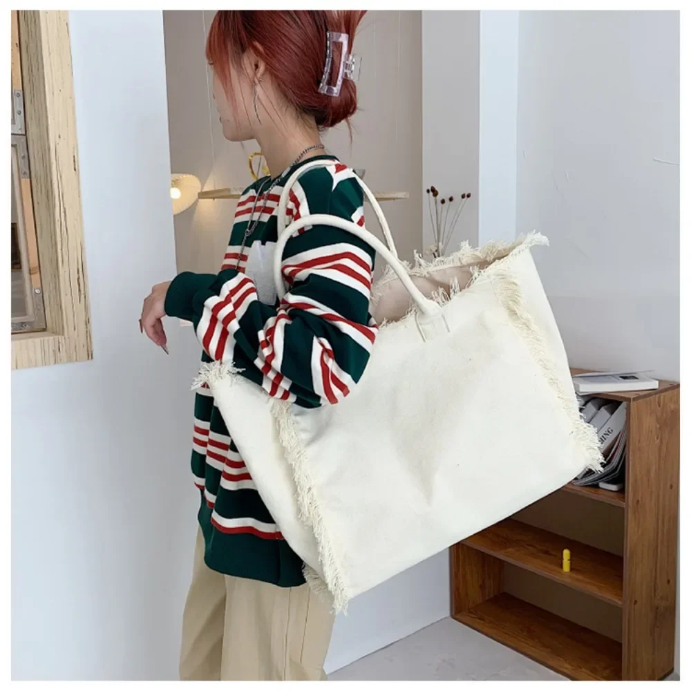 Vegan Canvas Tote Bags Women Fashion Versatile Tassels Shoulder Bag Female Casual Simple Large Capacity Handbag Girls School Bag