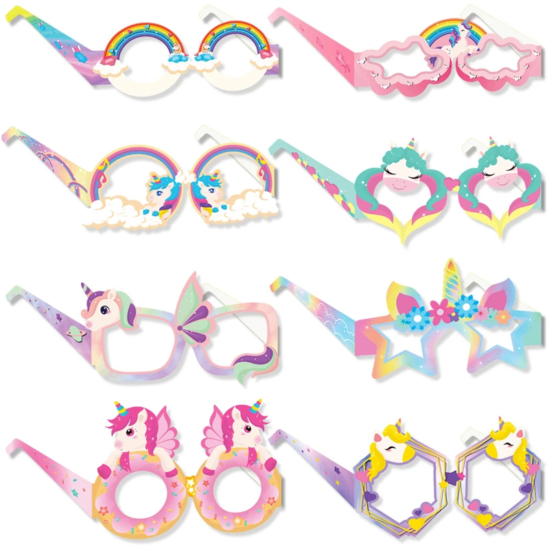 

8Pcs Unicorn Party Paper Glasses Photo Props Rainbow Horse Kids Girls One 1st Birthday Party Decoration Favors Gift for Guests