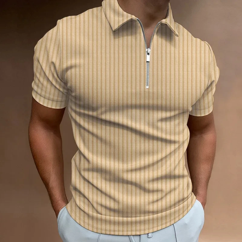 Striped zippered short sleeved slim fitting Polo shirt, monochrome T-shirt, fashionable casual top, summer 2023