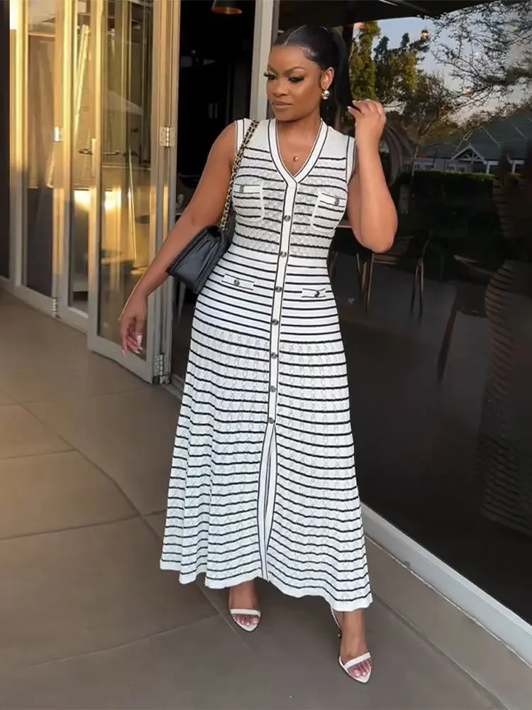

Women Chic Stripes Single Breasted Buttons Knitted Maxi Dress Elegant V Neck Sleeveless Slim Dresses Fashion Lady Street Robes