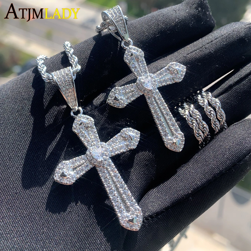 Bling 5A Cz Heart Shaped Iced Out Cross Necklace for Women Prong