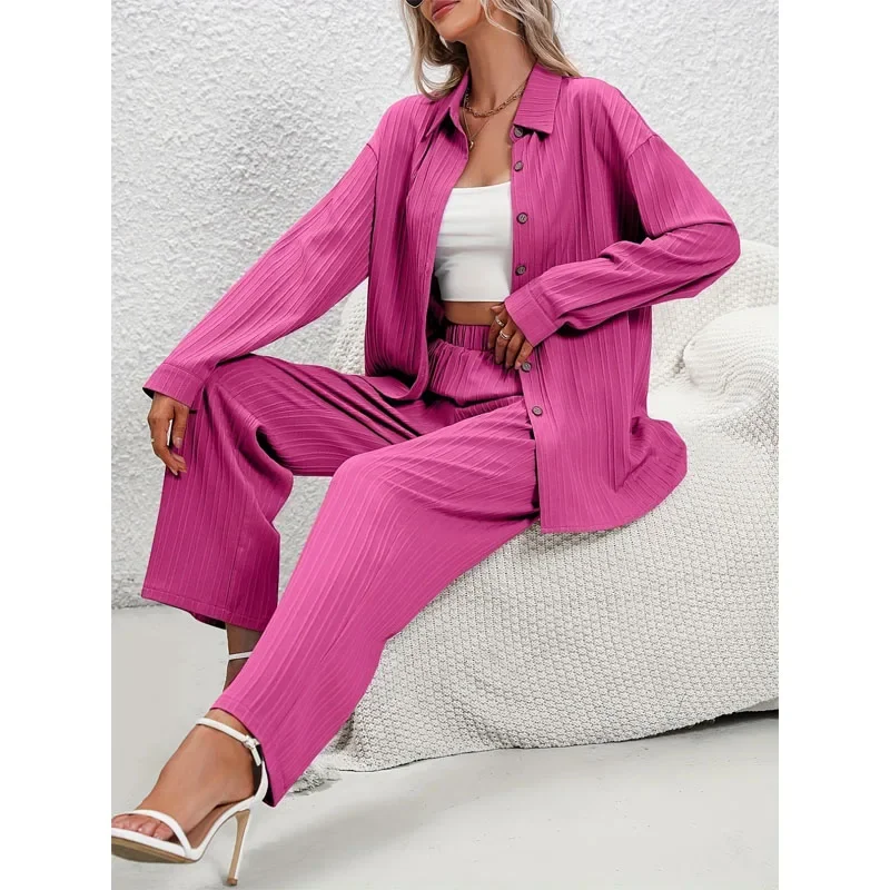 2023 Autumn and Winter New Versatile Commuter Women's Clothing Splice Button Polo Neck Long Sleeve Solid Color Two Piece Set