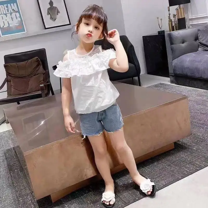 

Kids Tops 2024 Summer 2-10 Years Children's Clothing White O-Neck Strapless Cotton Short Sleeve T-Shirt for Baby Girls Q510