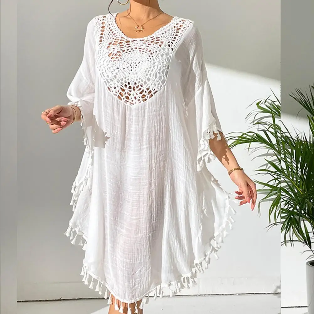 Women Beach Bikini Cover Up O-Neck Half Sleeve Fringed Hollow Loose Fit Swimsuit Dress Solid Color Loose Fit Cover Up Dress