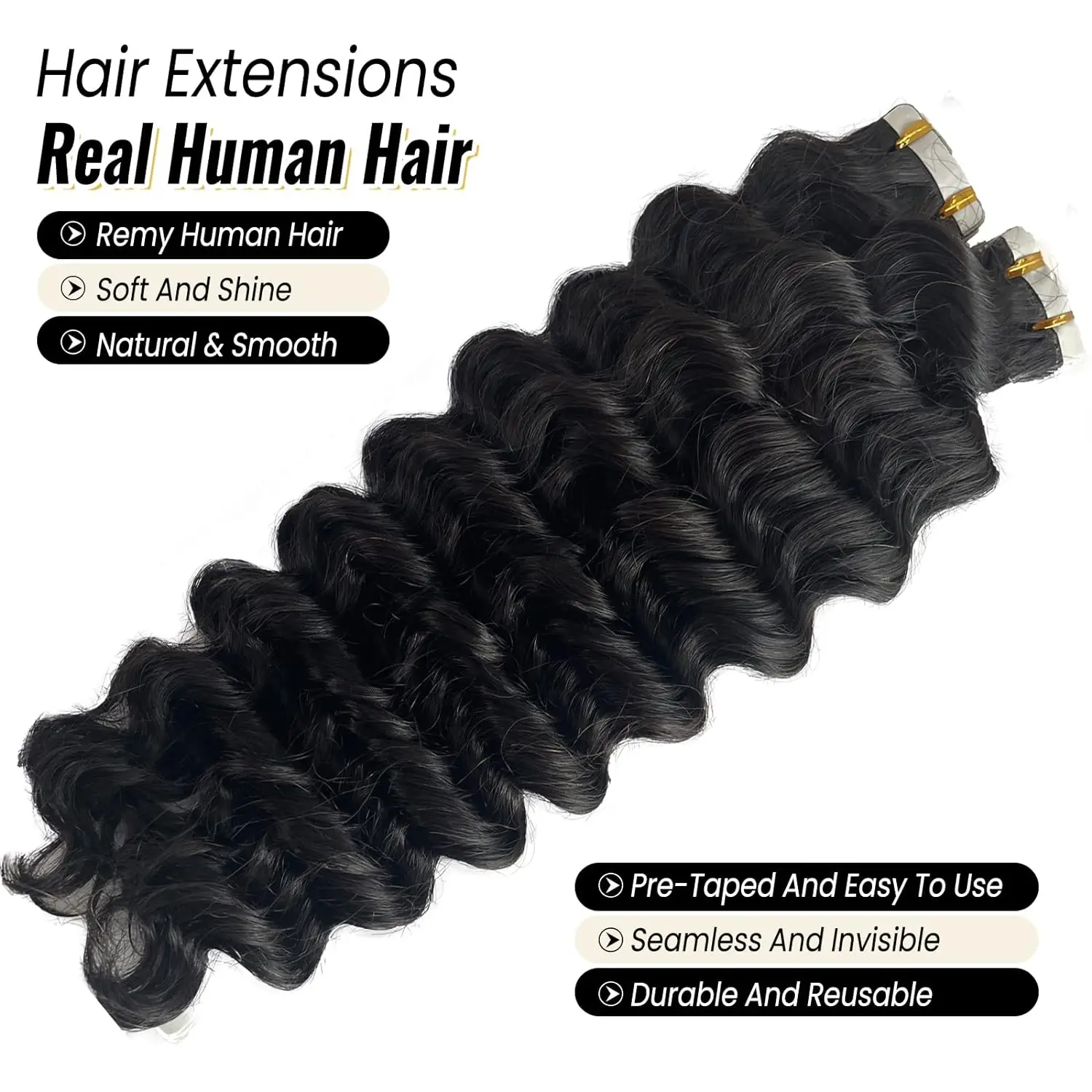Deep Wave Tape In Human Hair Extensions Brazilian Curly Natural Black Color #1B human hair extensions hair extensions