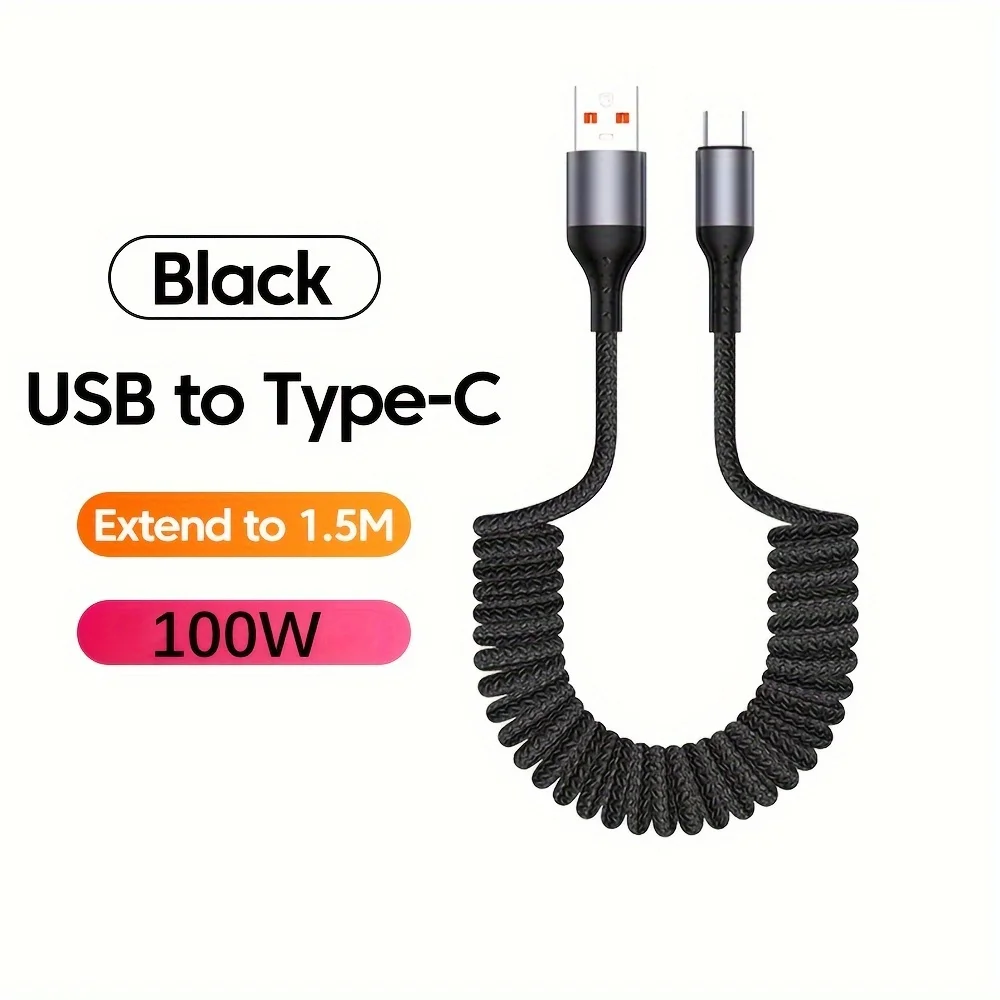 High-Speed 100W USB Type C Spring Car Charger Cable for Fast Charging and Data Transfer