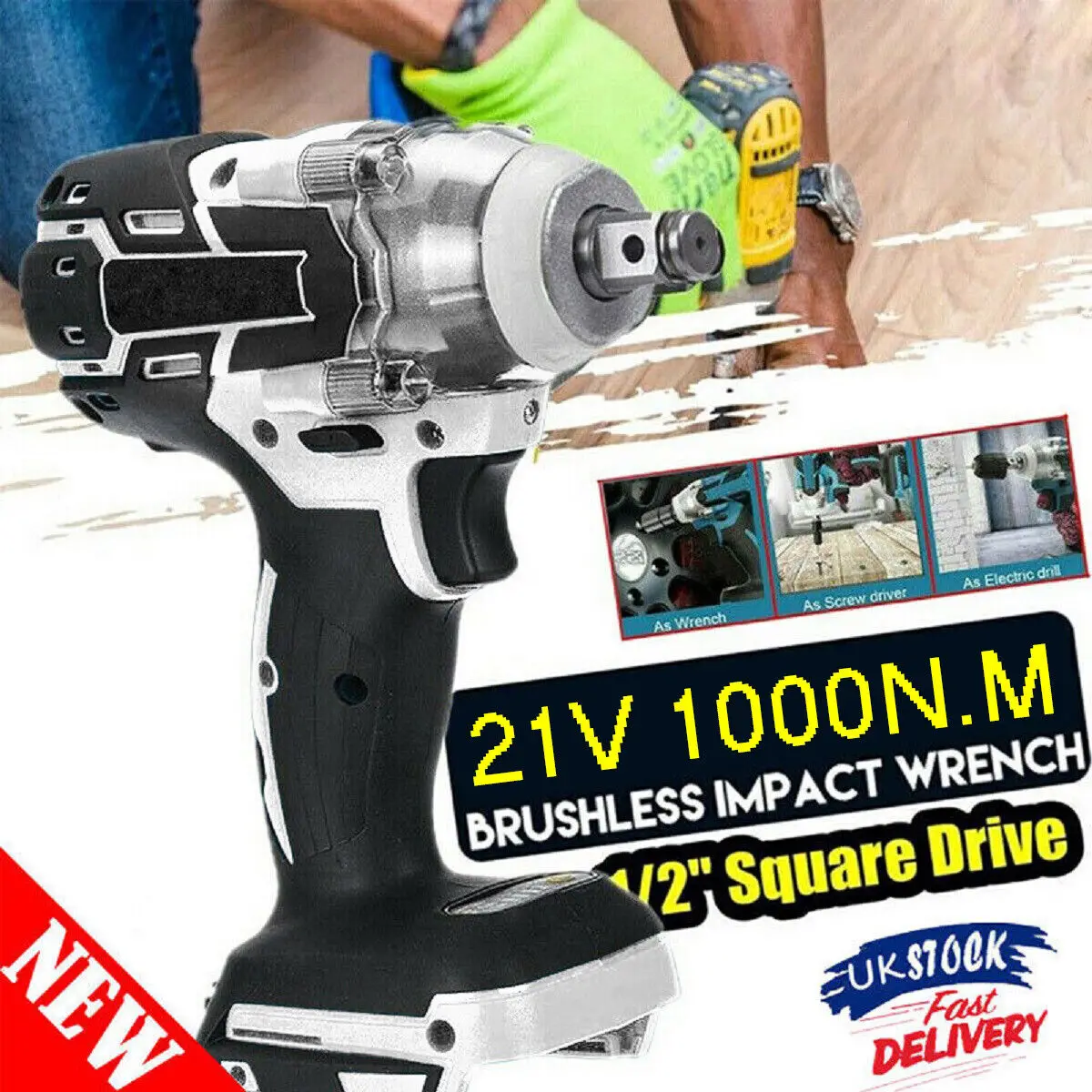 1000Nm Cordless Brushless Impact Wrench Rattle Gun 1/2" Drive 21V 520Nm For Li-Ion/Makita Drive Kits