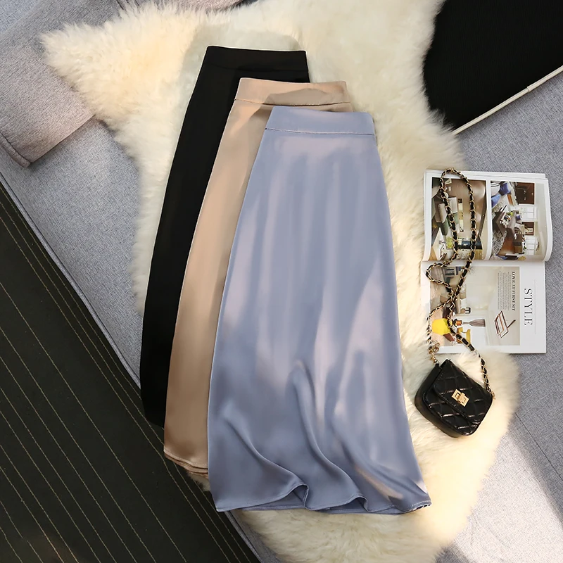 

Fashion Silk Satin Skirts for Women 2022 Summer High Waisted A-Line Long Skirt New Elegant Midi Skirt