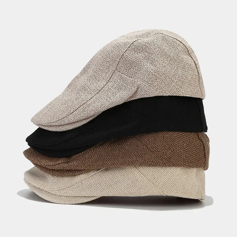 Summer Mens Beret Linen Peaked Cap Adjustable Newsboy Cap Breathable Vintage Solid Black Ivy Duckbill Hat Boinas Para Mujer 2