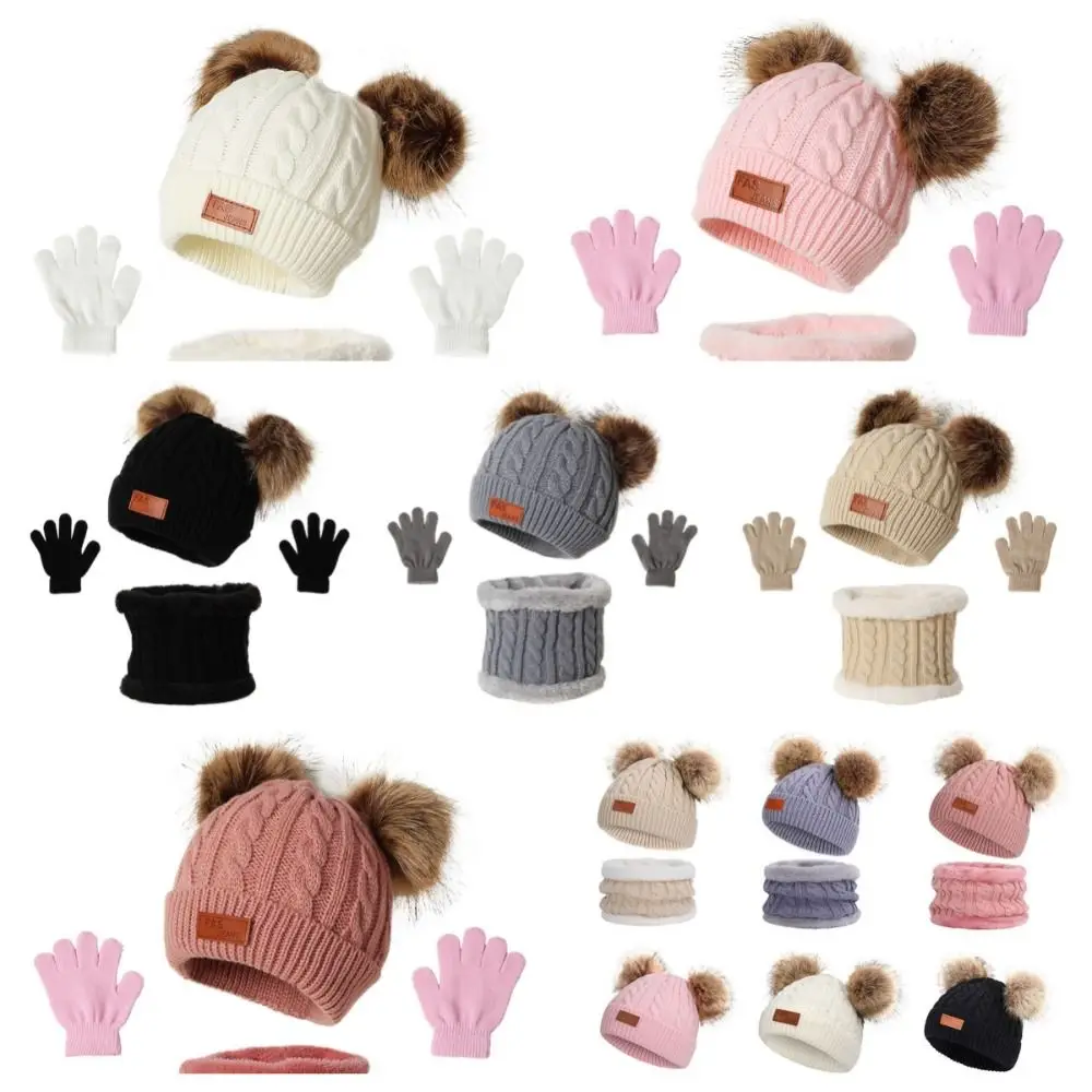 Solid Color Baby Hat Scarf Gloves Set Wool Knitted Hats Wool Crotch Beanie Cloth Accessories Gloves Baby Bonnet Scarf Toddler