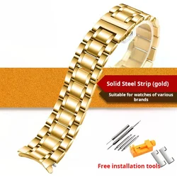 Curved Stainless Steel Watch Strap Bracelet for Men and Women, Chain Style, Universal Sizes 18 - 24mm (Gold)