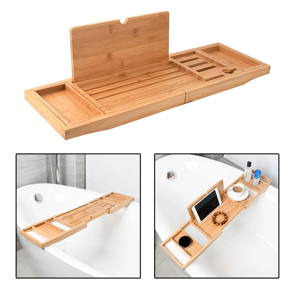 Expandable Luxury Wooden Bathtub Caddy Tray Accessories 23.62''-34.25'' Soap Dish Non Slip Tablet Holder wooden tray