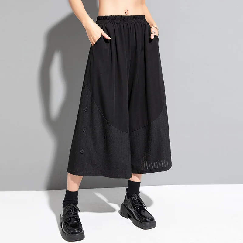 

Summer Elastic High Waist Button Spliced Wide Leg Capris Pants Skirts Women Streetwear Gothic Hip Hop Loose Casual Trousers 7068