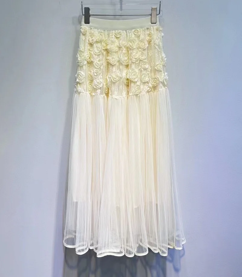 

Newest Fashion Style Long Skirt 2024 Spring Summer Skirt Ladies Elastic Waist Flower Deco Sexy Tulle Mesh Skirt Beige Black