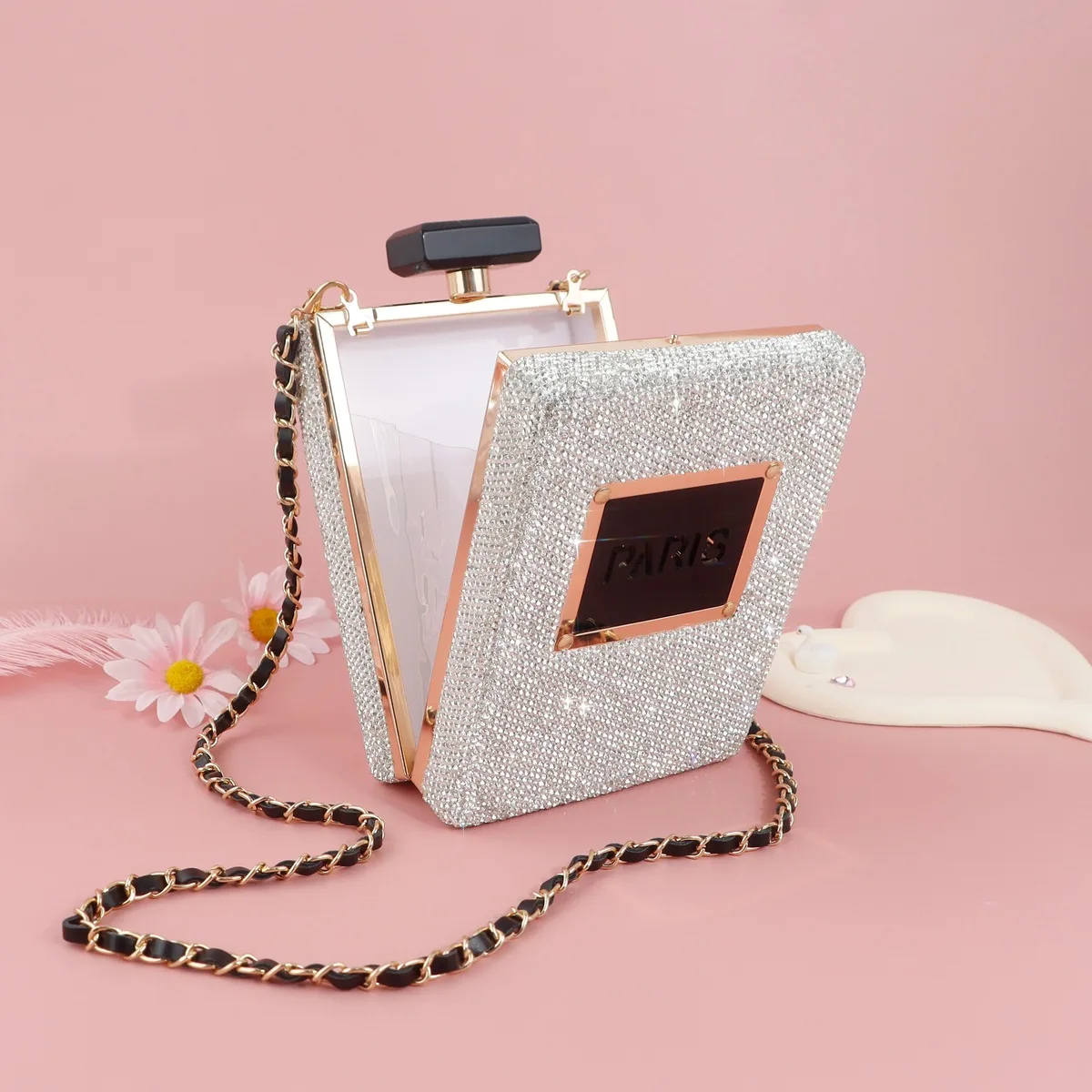 Luxury Rhinestone Evening Bags Acrylic Paris Perfume Shaped Bag Purses Clutch Vintage Banquet Handbag Shoulder Crossbody Bags 2