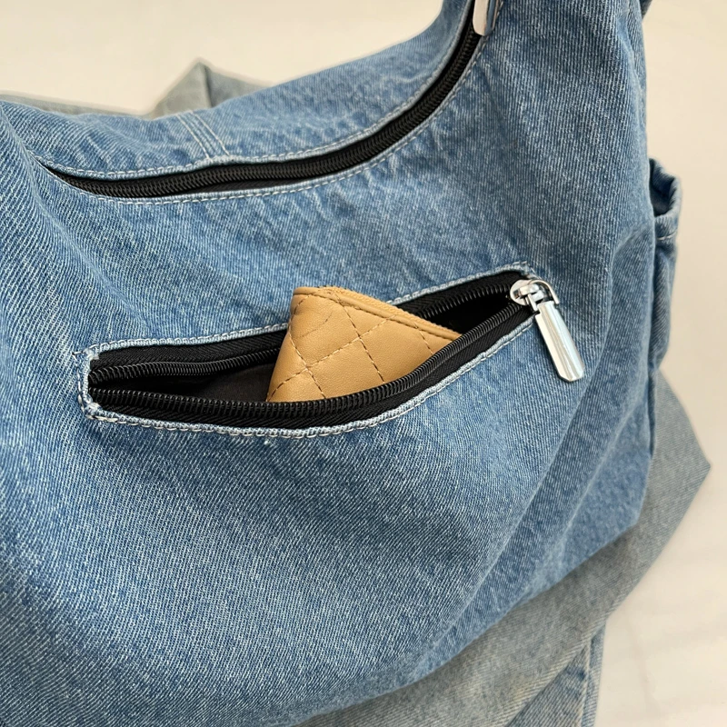 Women's minimalist and fashionable casual denim shoulder bag, zippered shopping bag, crossbody women's bag