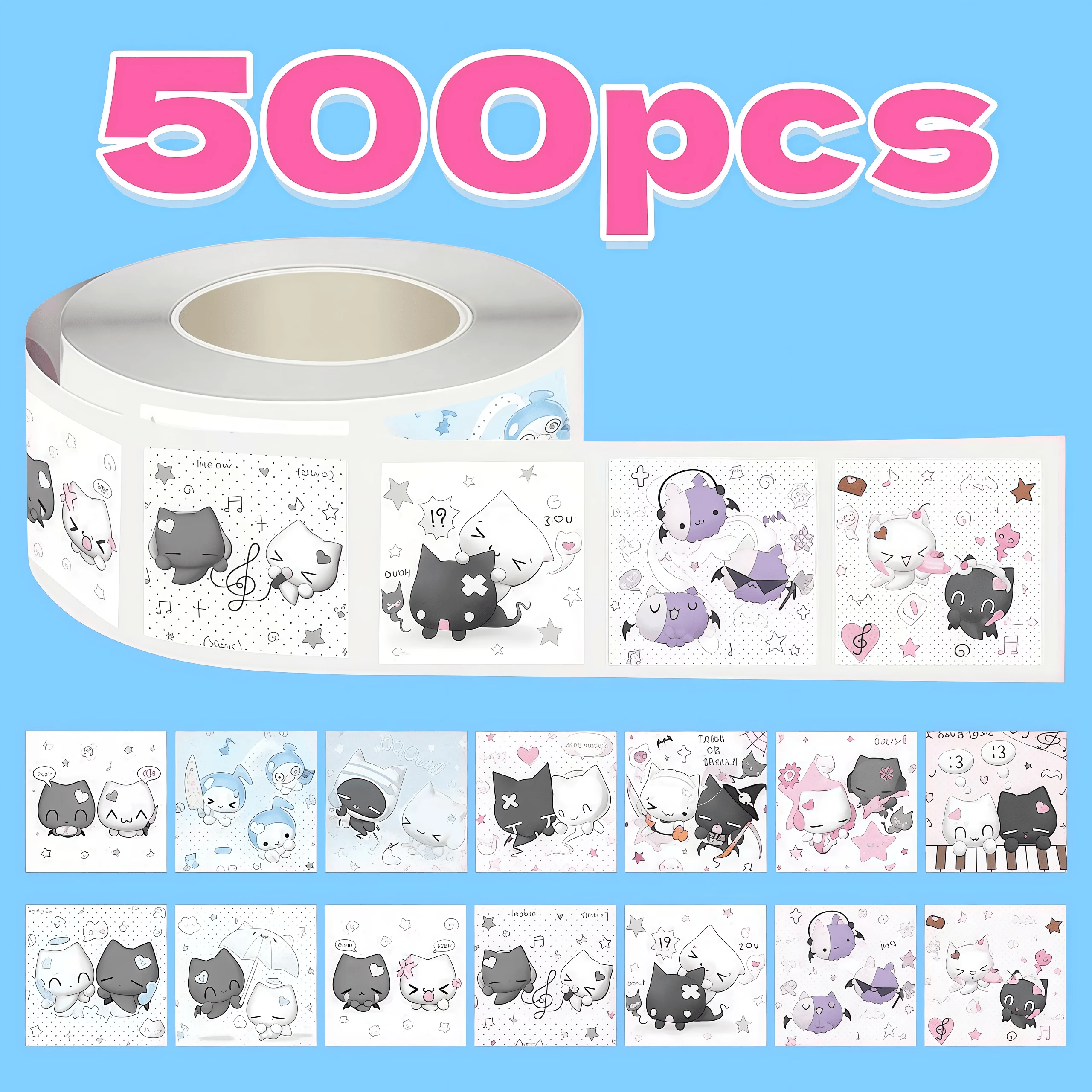 500개 귀여운 고양이 노트 스티커 롤, 플래너, DIY 및 선물 장 음표가 있는 사랑스러운 새끼 고양이 표정 데칼
