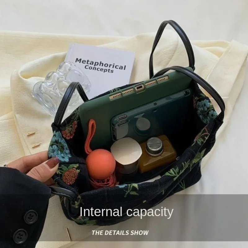 Large-capacity Embroidered Tote Bag Women Summer Trendy Cloth Bag Niche Embroidery Shoulder Bag Texture Bucket Bags Canvas Bags