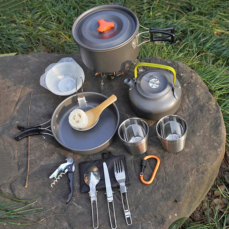

Туристический набор для приготовления пищи, портативный складной чайник, сковорода, походная посуда для пикника на 2-3 человек