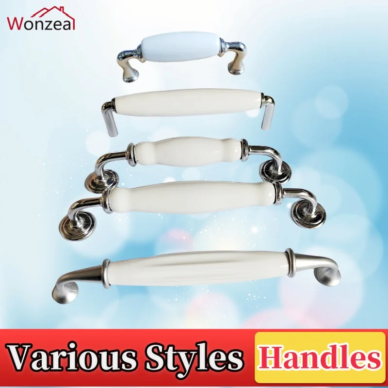 Modern White Ceramic Cabinet Handles Zinc Alloy Drawer Knobs Pulls Bright Chrome Wardrobe Door Handles Furniture Handle 96mm/128 furniture knobs
