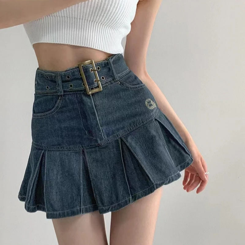 

Sexy Denim A-Line Pleated Mini Skirt Plus Size Above Knee Ruffle Saia Jeans High Waist Flounce Folds Women Ropa De Mujer Skirts