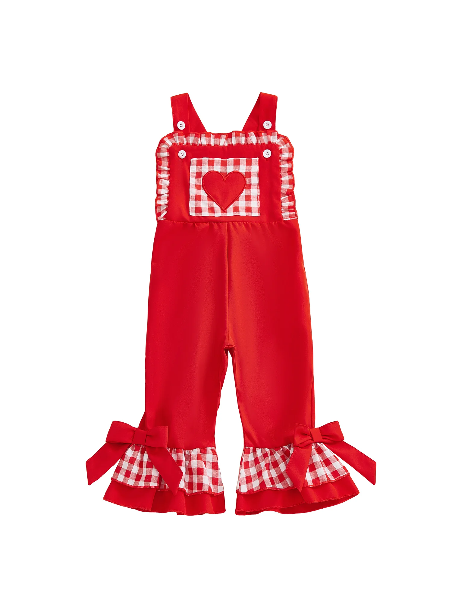 Girls Heart Print Overalls Plaid Flare Pants with Bow Detail Perfect Valentine s Day Outfit for Everyday Wear