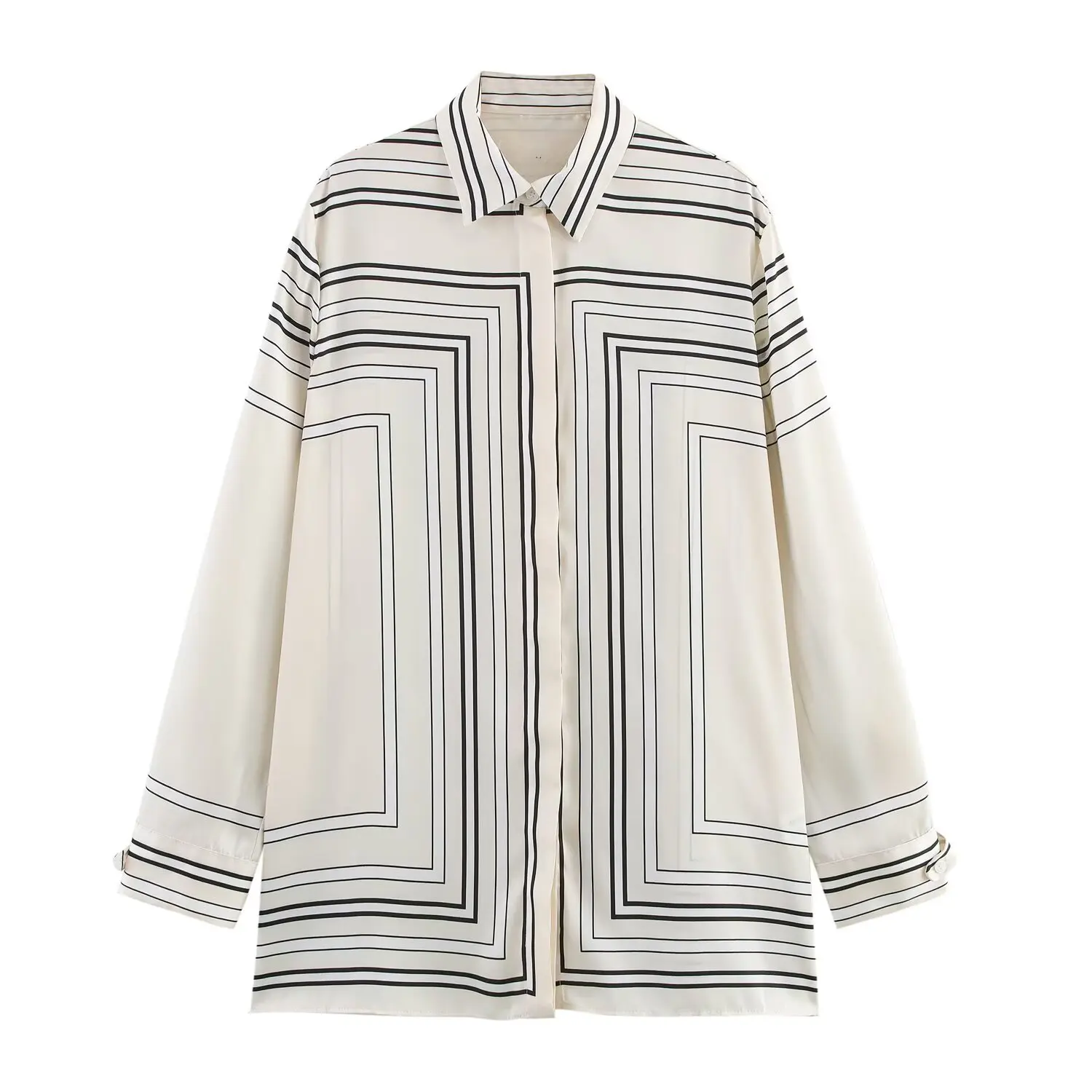 TRAFZA 2025 Women Trouser Suit Turn-down Collar Long Sleeve Single-breasted Slim Print Shirt+High Waist Zipper Loose Long Pants - view