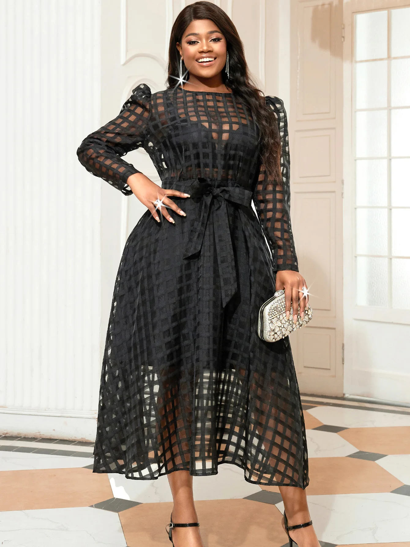 Plus Size Black Women Dresses O Neck Long Plaid See Through Sleeve High  Waist A Line Sexy Transparent Cocktail Party Midi Gowns - AliExpress