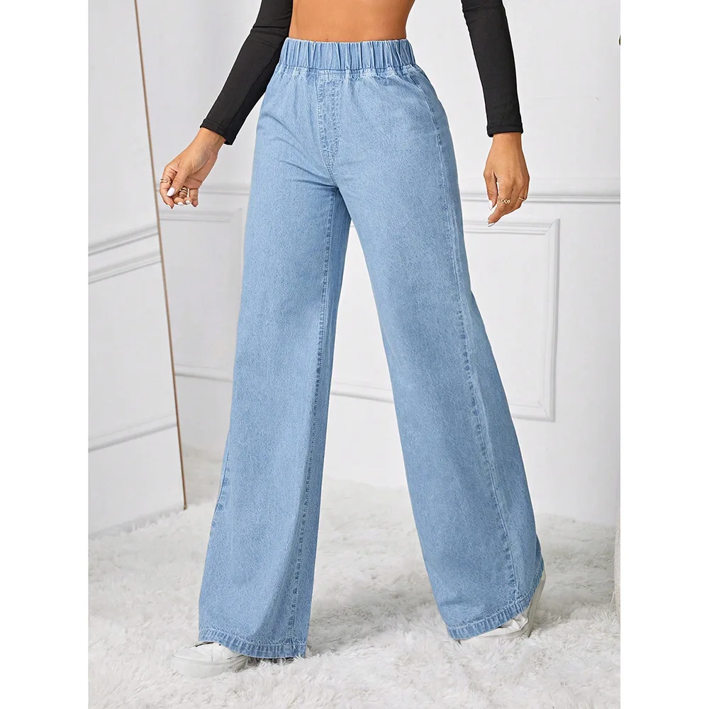 Women’s vintage wide leg distressed elastic waist floor-length denim jeans 0001