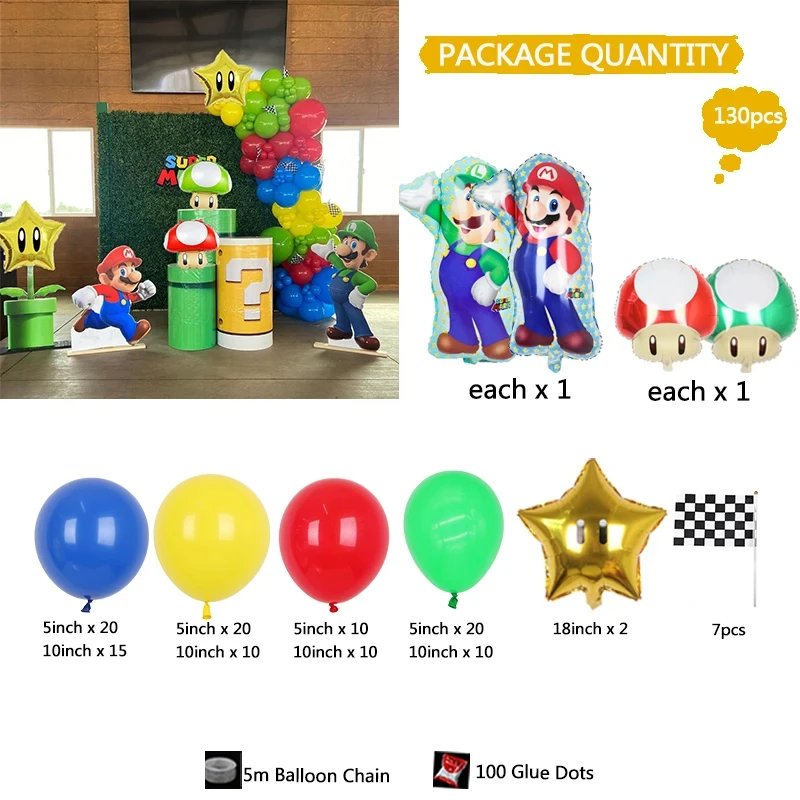 Kit de arco de guirnalda de globos con temática de Super Brothers Mario, 143 piezas, globos de látex rojos, amarillos y azules, suministros de decoración para fiesta de cumpleaños infantil