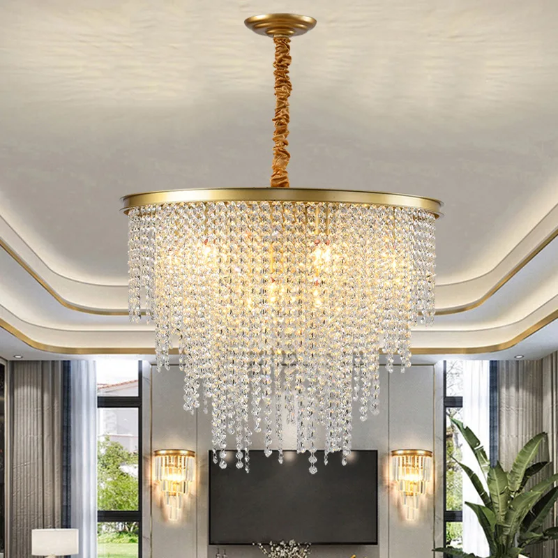 

New Crystal Beads Fringe Gold Chandelier For Living Room Bedroom Kitchen Black Wrought Iron Pendant Lamp LED Lighting Fixtures