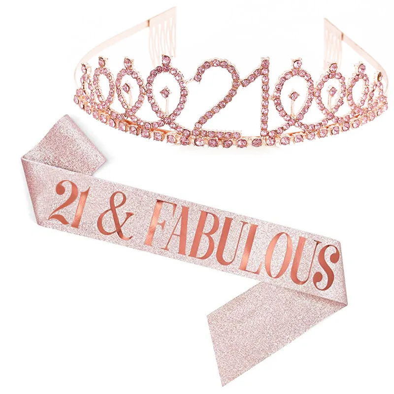 2PCS Fashion Birthday Party Set Women Girls Crowns With Combs Etiquette Belt Princess Tiaras Diadems 10 13 18 21 30 40 Years Old hair accessories bridal hair accessories crown headband bridal jewelry set