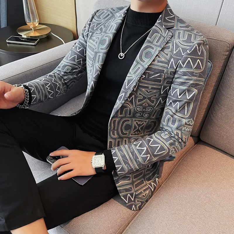 Brand Luxury Suit Jacket for Men Autumn Printed Casual Busines Blazer Masculino Slim Fit Wedding Groom Social Dress Coat