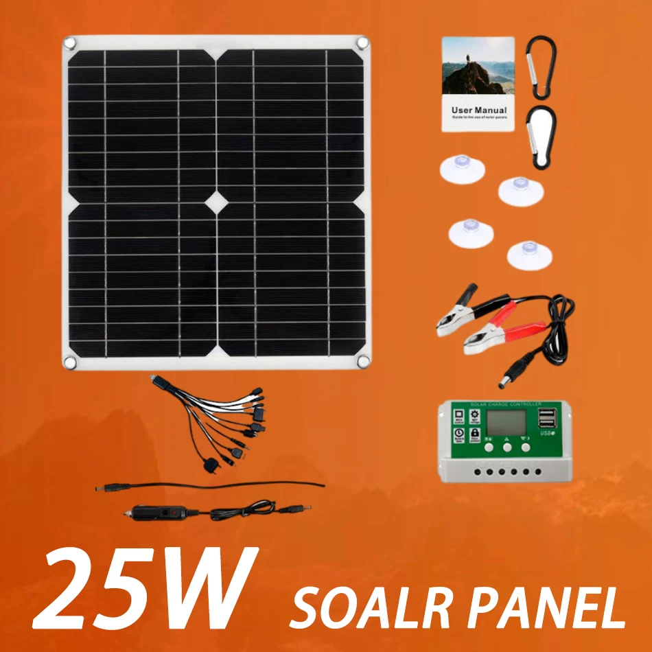 

25W Solar Panel Lithium Monocrystalline Battery Controller Set 10A-100A 60A for RV Wheel Kit Ships Outdoor Photovoltaic Charging
