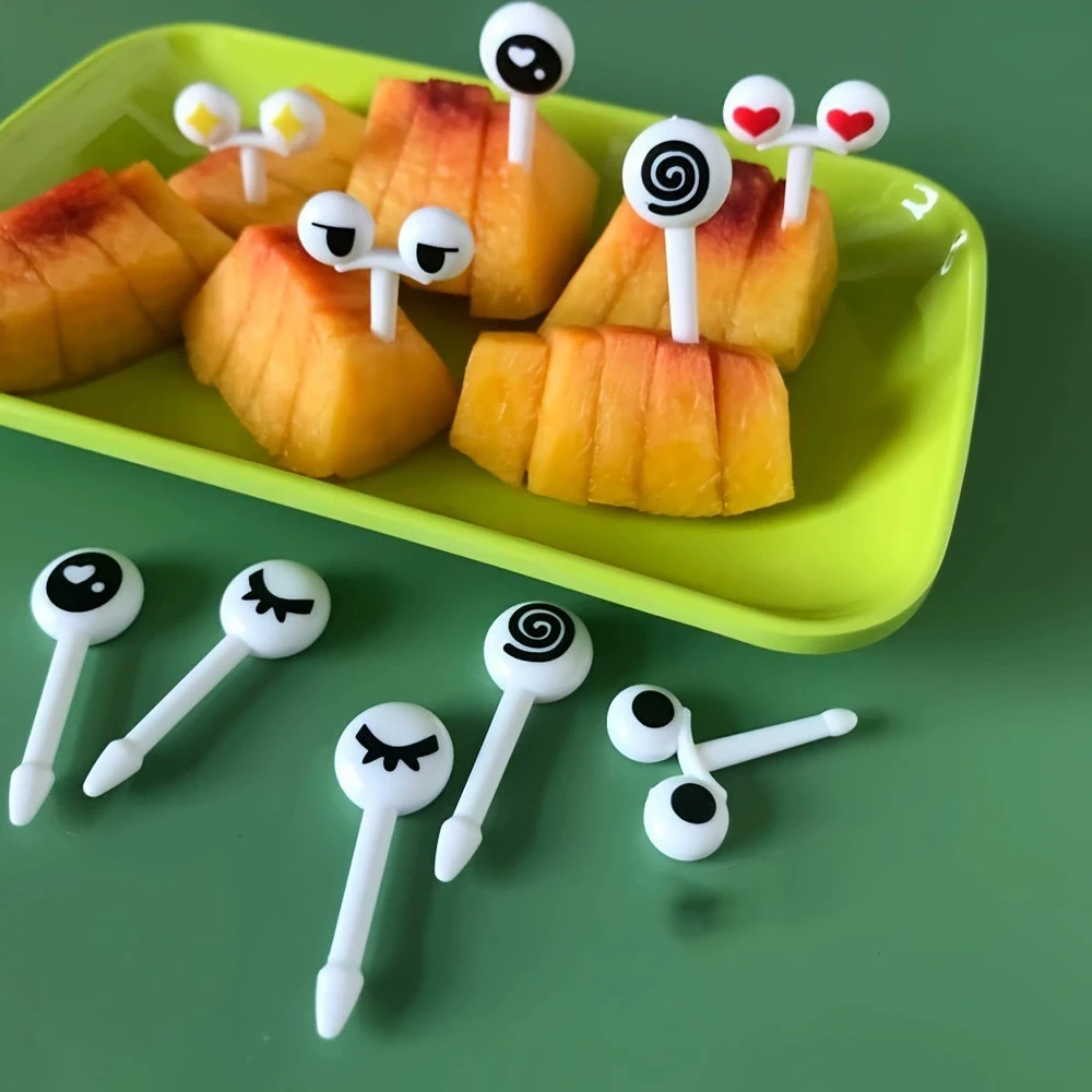 10pcs/set Mini Eye Cartoon Expression Fruit Fork Plastic Fruit Toothpick For Children Harmless