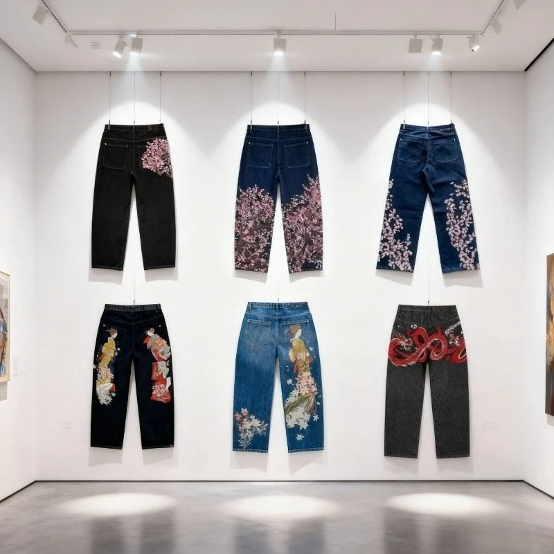 Y2K Harajuku jean Vintage fleur de cerisier lisière Denim pantalon Hip Hop gothique hommes femmes denim tissu pantalon à jambes larges streetwear