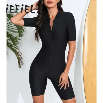 Athletic One Piece Swimsuits for Women Boy Leg Swimwear Front Zip Surfing Wetsuit Jumpsuit Beachwear Rushguard Bathing Suit