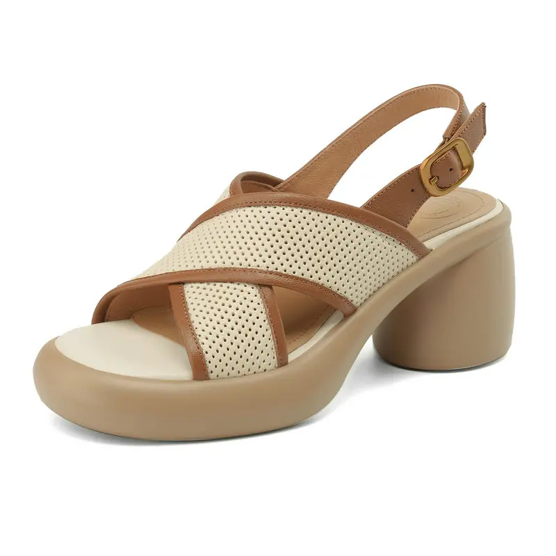 

2024 оригинальные летние кожаные женские сандалии из воловьей кожи, повседневная обувь с вырезами на высоком каблуке, модные тапочки