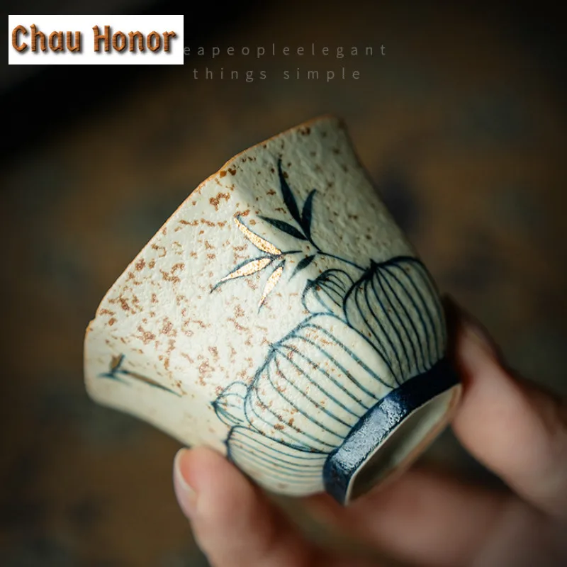 45ml Blue And White Flint Red Teacup Handmade Gold Drawing Bamboo Tea Bowl Hexagonal Sample Tea Cup Personal Master Cup Teaset