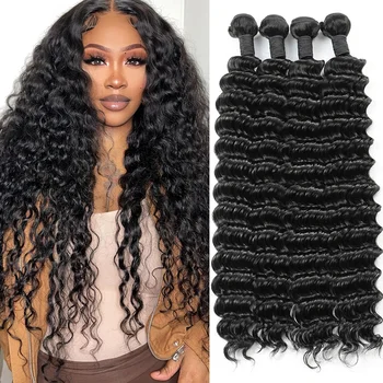40Inches Deep Wave Hair Bundles Natural Black Colored 1/3/4 Pcs Long Human Hair Extensions Remy Brazilian Hair Bundles For Women 1