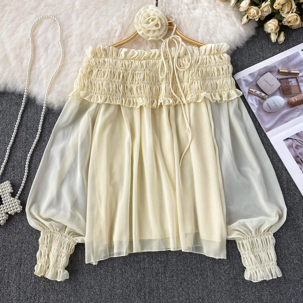 

Korean Version of the Gentle Wind Sweet One Shoulder Strapless Ruffle Edge Loose Cover Meat Short Section a Word Chiffon Tops