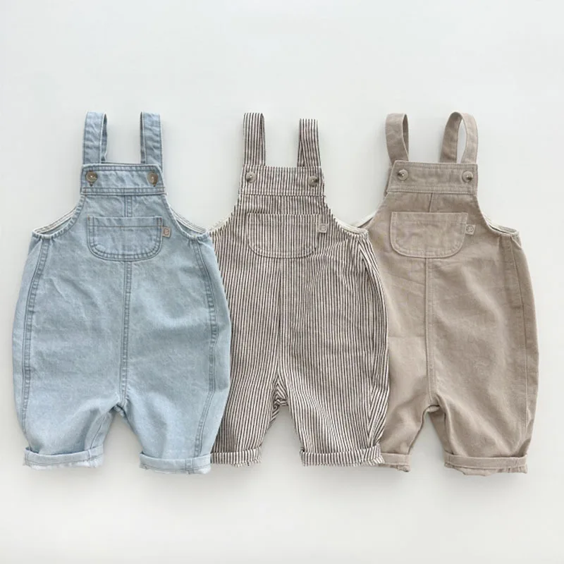 

0-3Y Korean Baby Overalls 2023 Spring Baby Girls Denim Overalls Loose Trousers Solid Cotton Casual Toddler Boys Suspender Pants