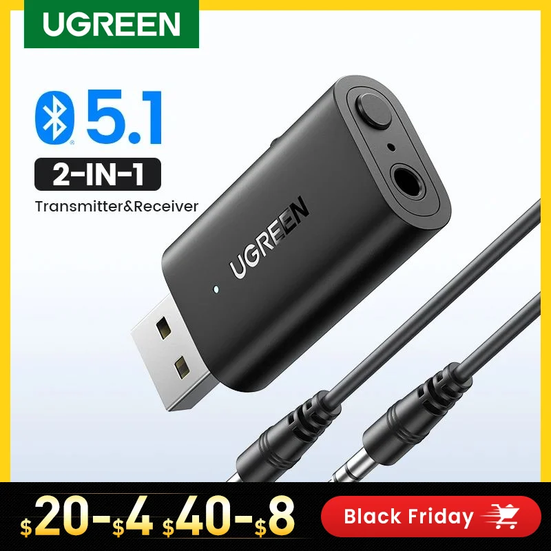  UGREEN 2 in 1 Bluetooth Car Adapter Bluetooth 5.1 Stereo Transmitter Receiver Wireless 3.5mm Aux Jack Adapter Car Kit Mic 