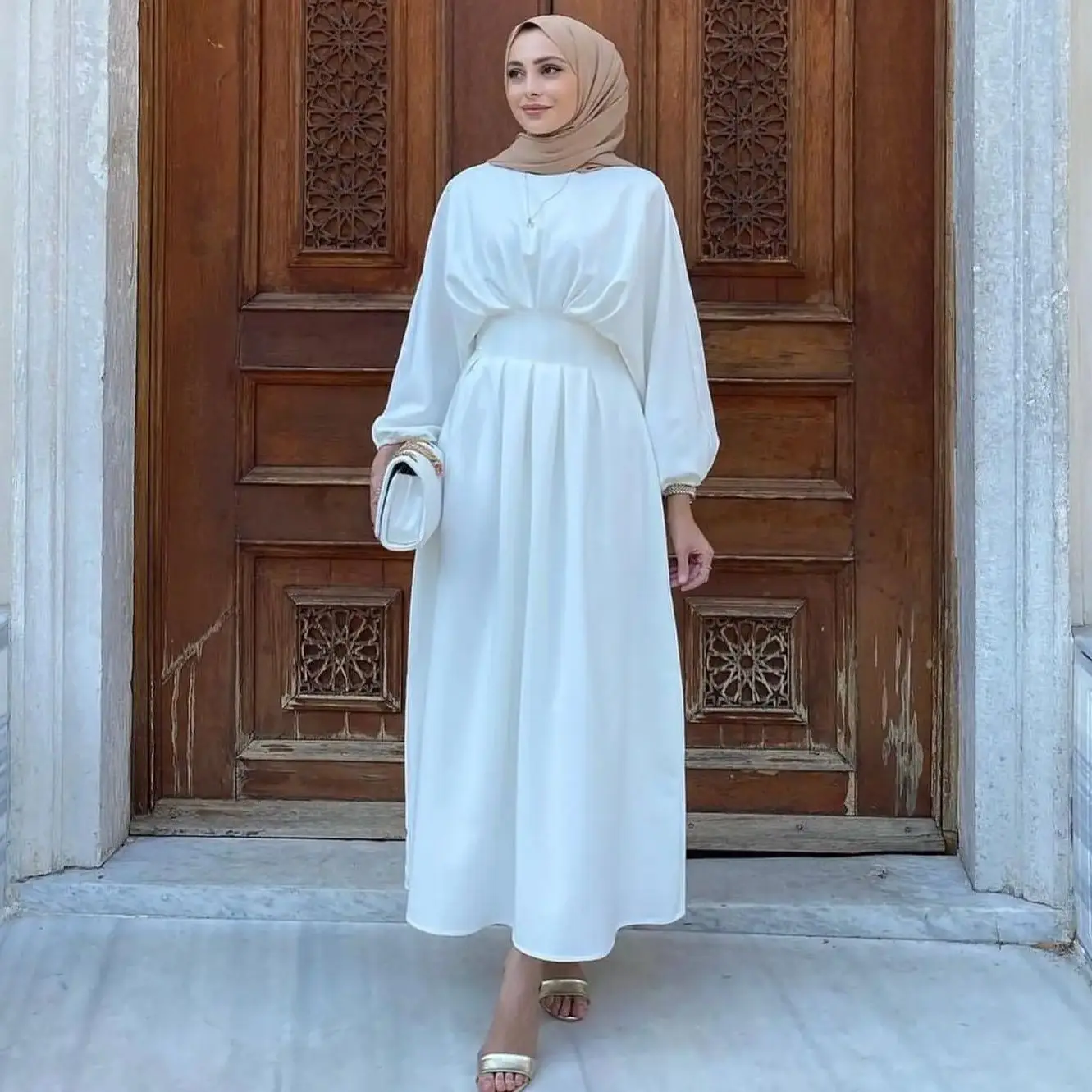 

Pleats Muslim Dress Women High Waisted Elegant Hijabi Robe Islamic Clothing Modest Dubai Turk Abaya Ramadan Eid Evening Party