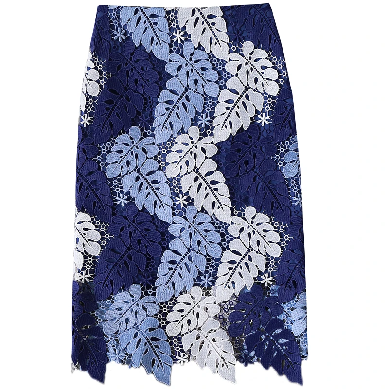 

Summer New Style Crocheted Hollow Water Soluble Lace Skirt Dark Blue Ladies OL Slit Bag Hip One-Step Skirt s408