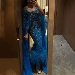 Sexy Sheath Feathers Prom Gown Lace Exquisite Square Neck Sleeveless Ankle-Length Evening Party Dresses فساتين الحفلات