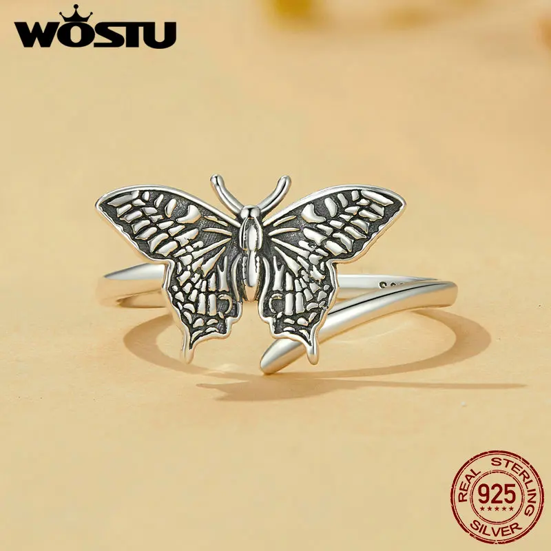 WOSTU 925 Sterling Silver Butterfly Earrings Open Ring Set Oxidized Silver for Women Girl Party Gift Vintage Adjustable Jewelry 2